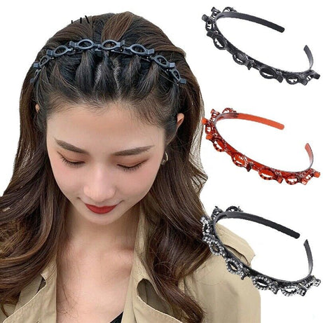 (Pack of 3) Double Layer Twist Plait Fashion Hair Hoop Headband with 8 Small Clips For Women