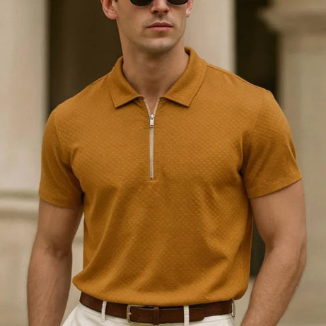 Textured Zip Polo for Men – MUSTARD