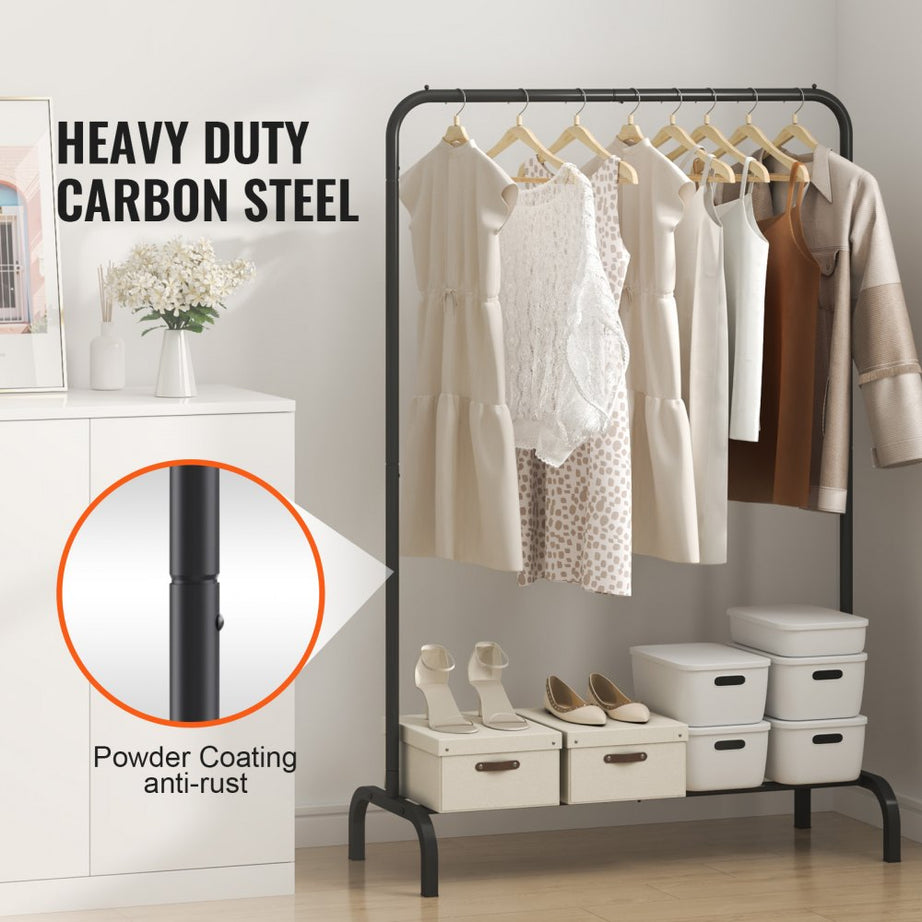 Premium Metal Garment Rack Heavy Duty Clothes Stand Rack With Top Rod And Lower Storage Shelf  For Indoor Bedroom