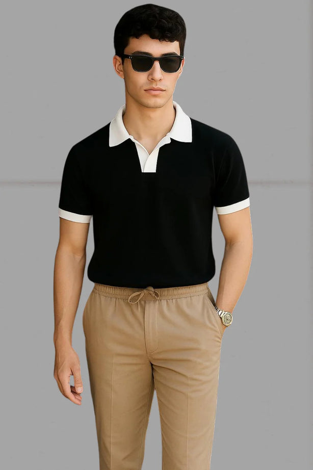 Premium Polo with White Collar & White Rib – BLACK