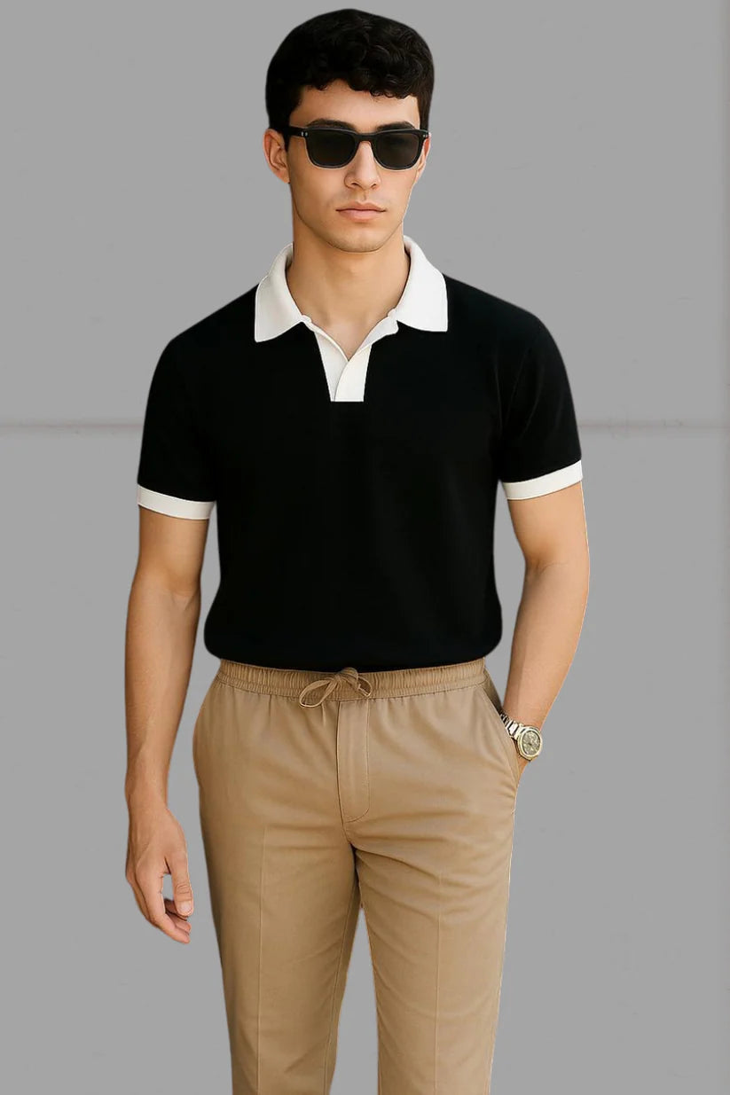 Premium Polo with White Collar & White Rib – BLACK