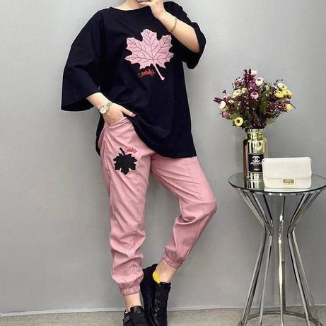 Plain Black with Pink Track Suit – Round Neck Half Sleeves T-Shirt and Trouser Suit for Women