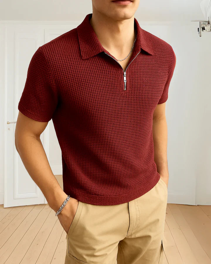 Waffle Knitted Zipper Polo – MAROON