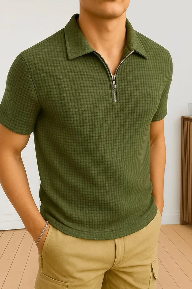 Waffle Knitted Zipper Polo – OLIVE